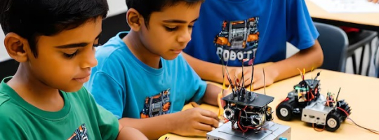 Young students working with robotics